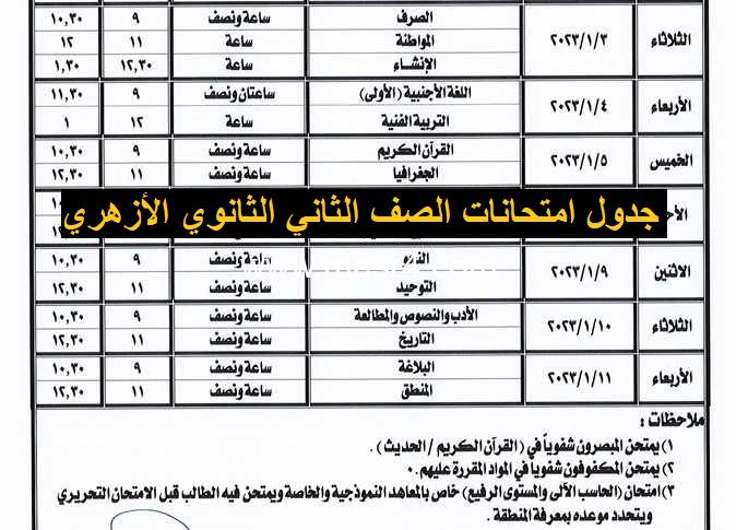 جدول امتحانات الصف الثاني الثانوي الأزهري أدبي وعلمي الترم الثاني 2025